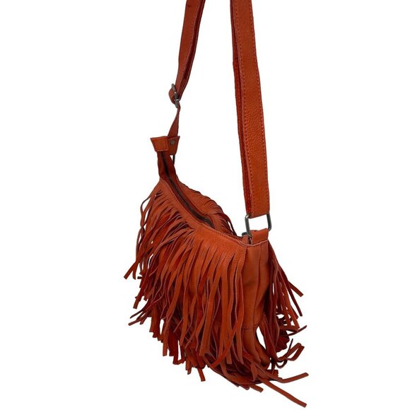 Cut n' Paste Fringe Orange Leather Purse Adjustable Strap Boho Slouchy - Picture 8 of 8